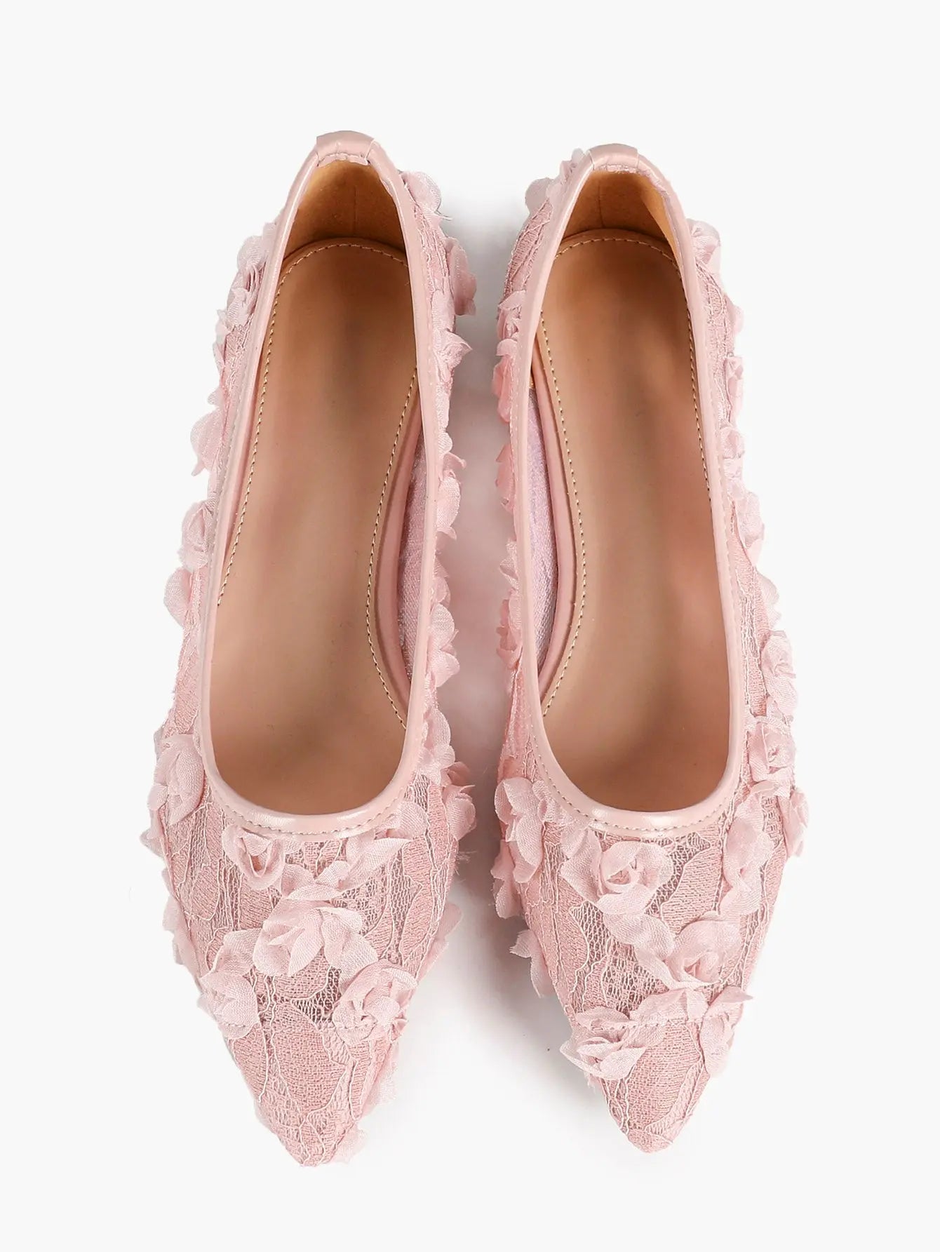 Pink 3D Rose Appliqué Lace Mesh Pointed Toe Flats – Women's Handcrafted Floral Ballet Flat YISHIFAN