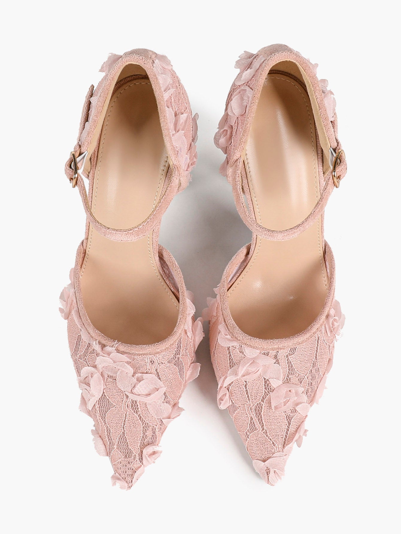 Chic White 3D Lace Stiletto Pumps - Pointed Toe Ankle Strap Heels with Floral Appliqué