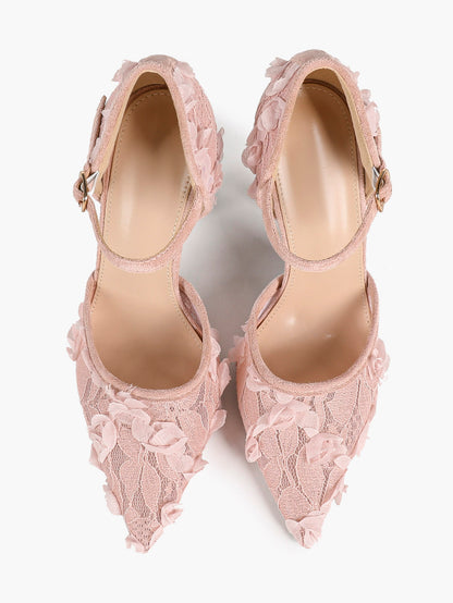 Chic White 3D Lace Stiletto Pumps - Pointed Toe Ankle Strap Heels with Floral Appliqué