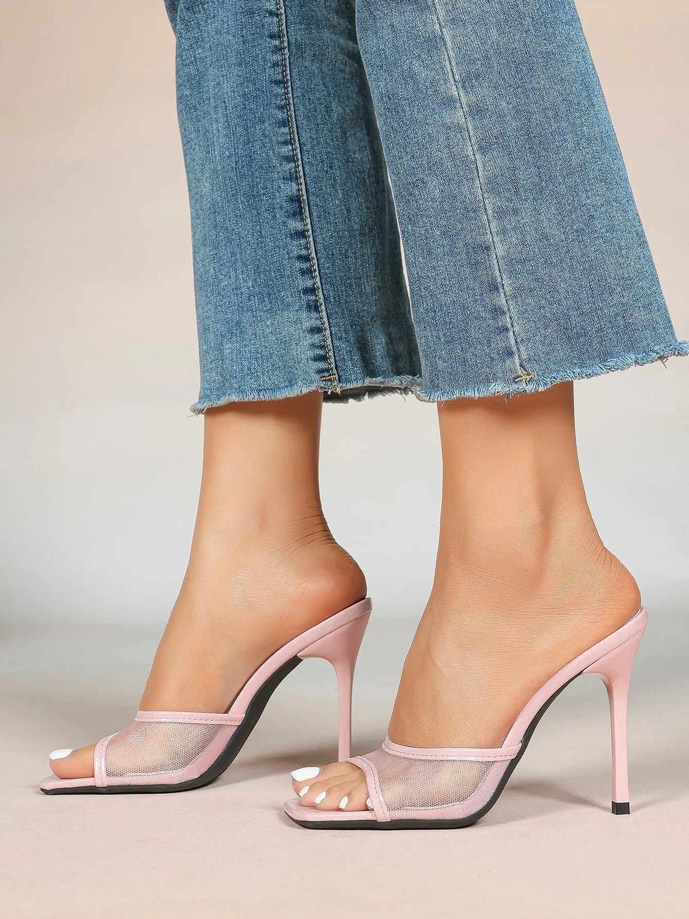 Women's Kitten Heels with Open Toe Square  Stiletto Sandals Slip On Mesh Mule Heels for Wedding Party YISHIFAN
