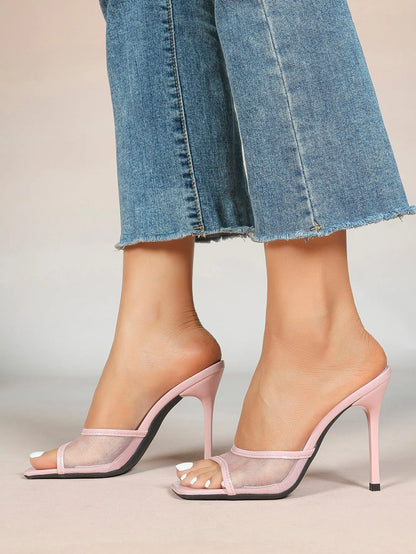 Women's Kitten Heels with Open Toe Square  Stiletto Sandals Slip On Mesh Mule Heels for Wedding Party YISHIFAN