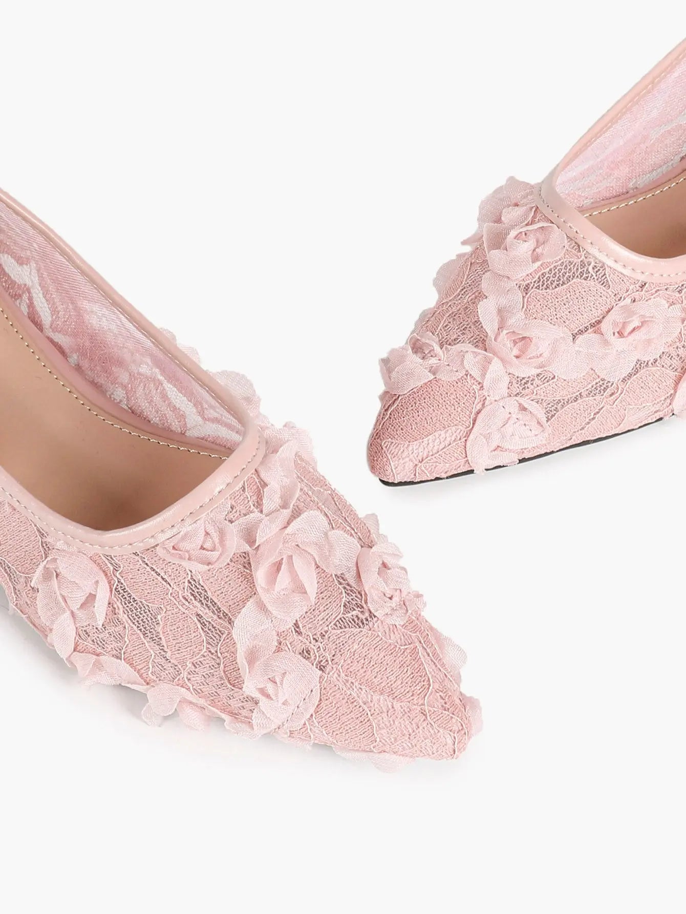 Pink 3D Rose Appliqué Lace Mesh Pointed Toe Flats – Women's Handcrafted Floral Ballet Flat YISHIFAN