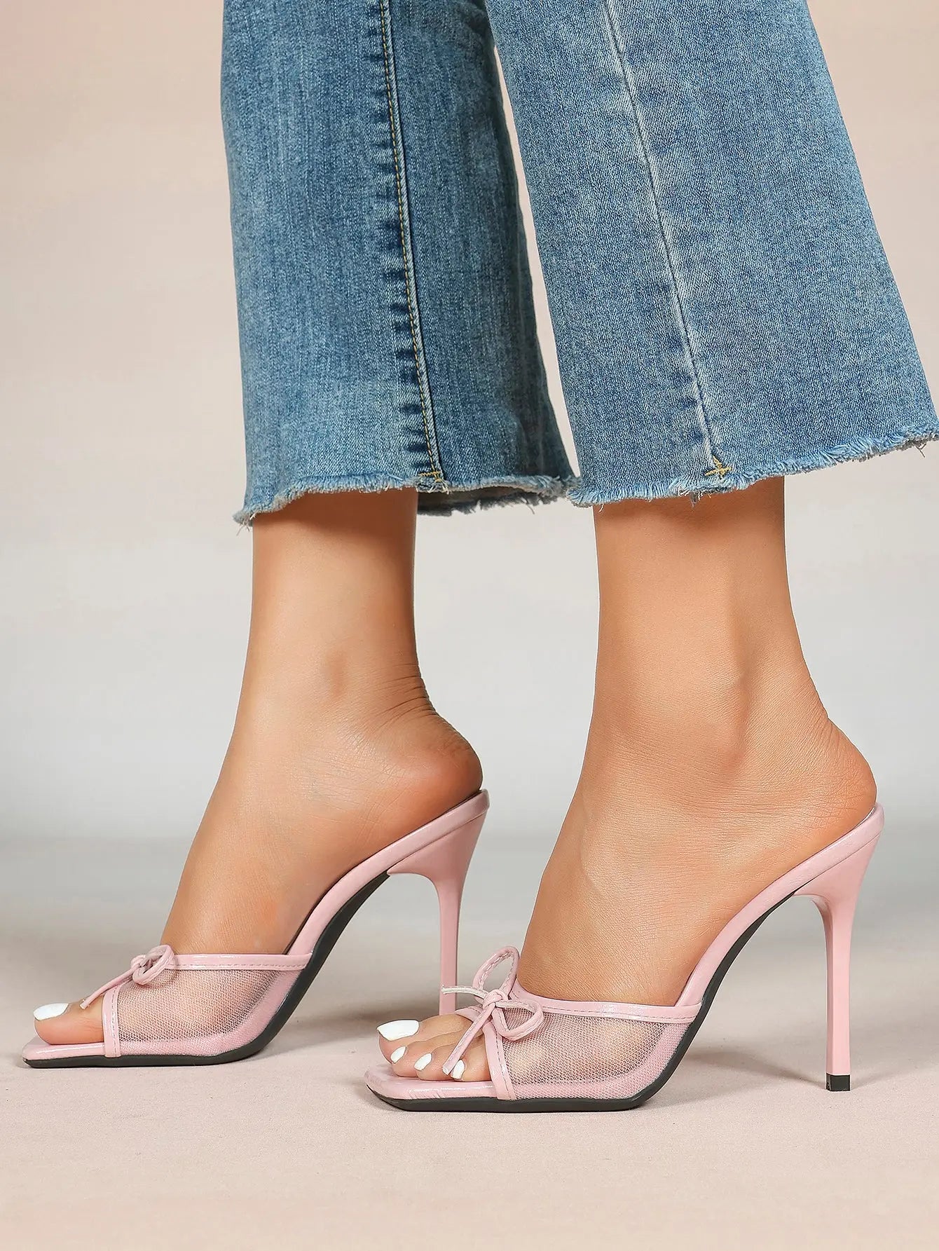 Women's Bowknot Mesh High Heel Sandals 3.74 Inch Open Square Toe Stiletto Sandals YISHIFAN