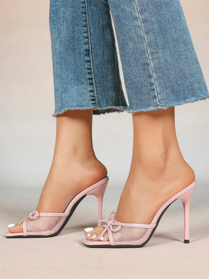 Women's Bowknot Mesh High Heel Sandals 3.74 Inch Open Square Toe Stiletto Sandals YISHIFAN