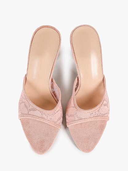 Women's Apricot Suede Trim Mesh Pointed Toe Stiletto Mules Slip-On Chic Office Shoes
