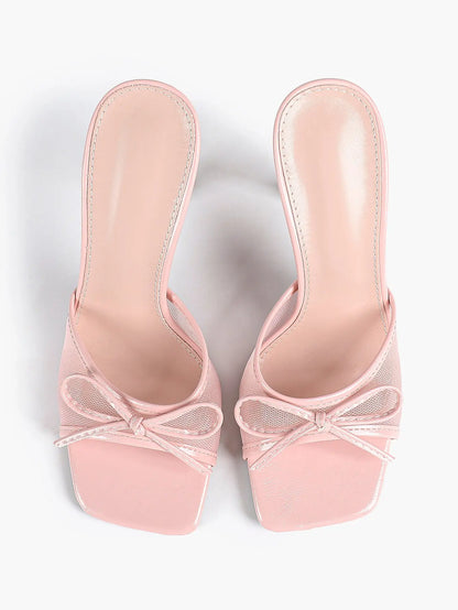 Women's Bowknot Mesh High Heel Sandals 3.74 Inch Open Square Toe Stiletto Sandals YISHIFAN