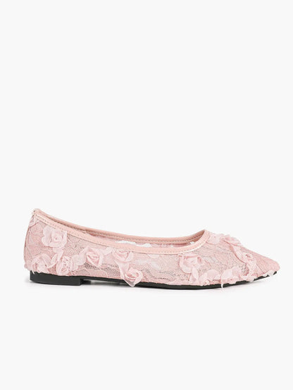 Pink 3D Rose Appliqué Lace Mesh Pointed Toe Flats – Women's Handcrafted Floral Ballet Flat YISHIFAN