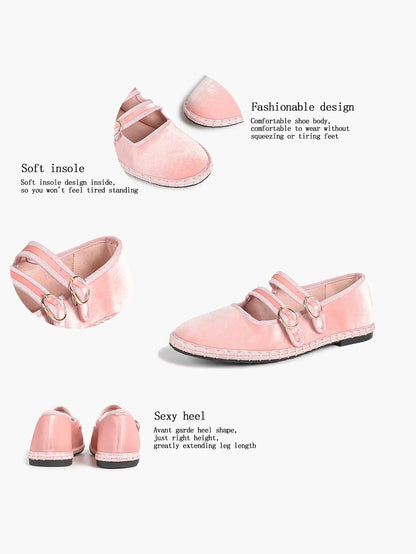 Women's Pink Suede Ballet Flats with Double Gold Buckle Cloud Comfort Insole for Casual Chic Everyday Shoes YISHIFAN