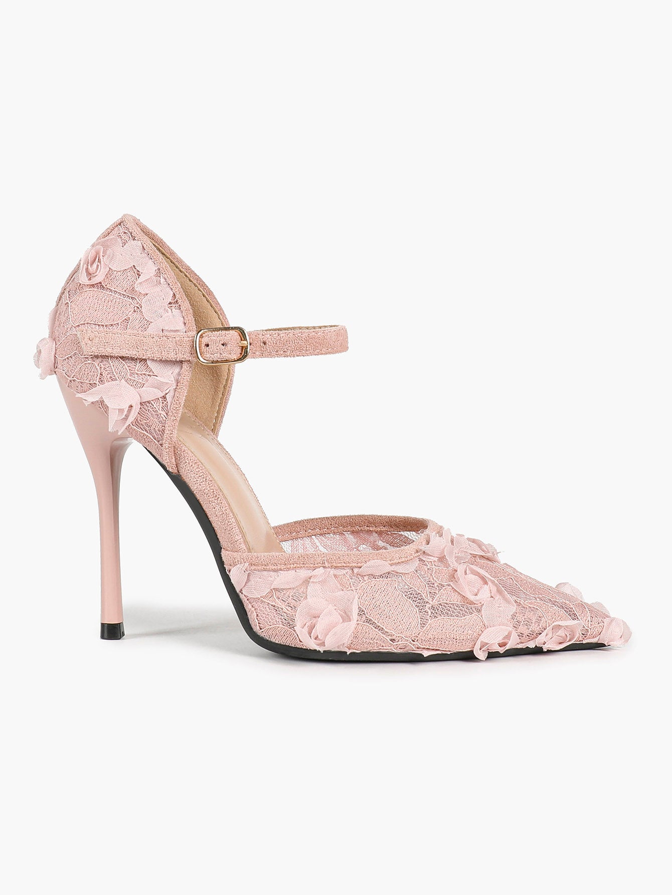 Chic White 3D Lace Stiletto Pumps - Pointed Toe Ankle Strap Heels with Floral Appliqué