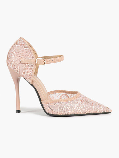 Sparkly Lace Pointed Toe Heels - 4.13" Ankle Strap Pumps with Non-Slip Sole