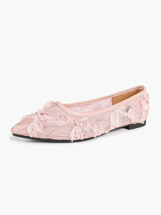 Pink 3D Rose Appliqué Lace Mesh Pointed Toe Flats – Women's Handcrafted Floral Ballet Flat YISHIFAN