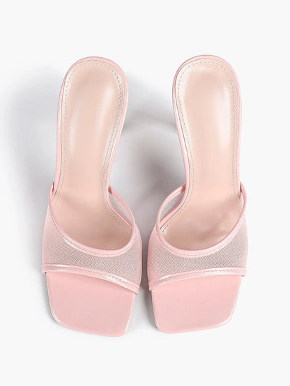 Women's Kitten Heels with Open Toe Square  Stiletto Sandals Slip On Mesh Mule Heels for Wedding Party YISHIFAN