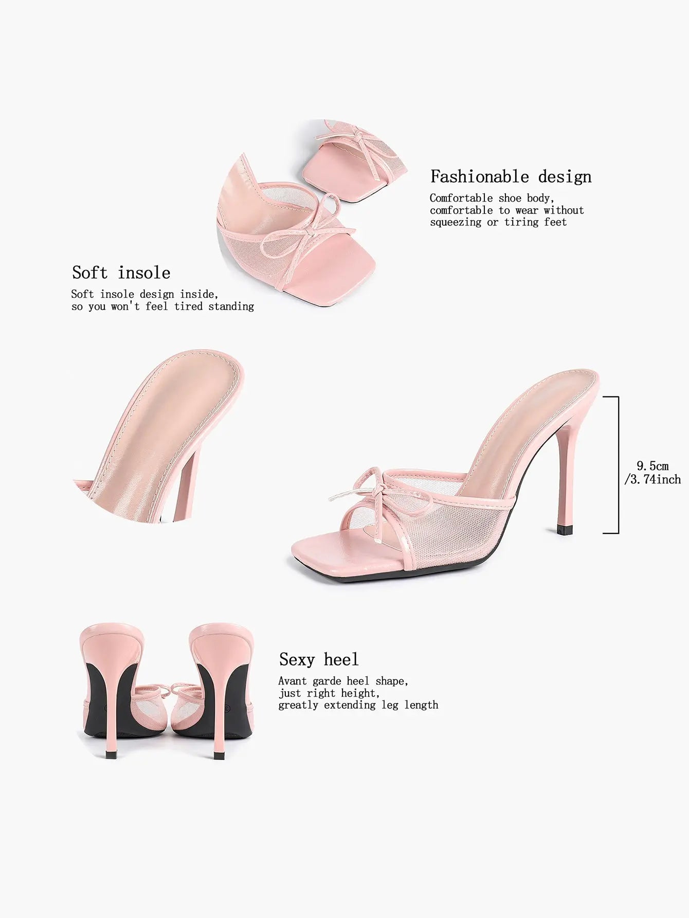 Women's Bowknot Mesh High Heel Sandals 3.74 Inch Open Square Toe Stiletto Sandals YISHIFAN