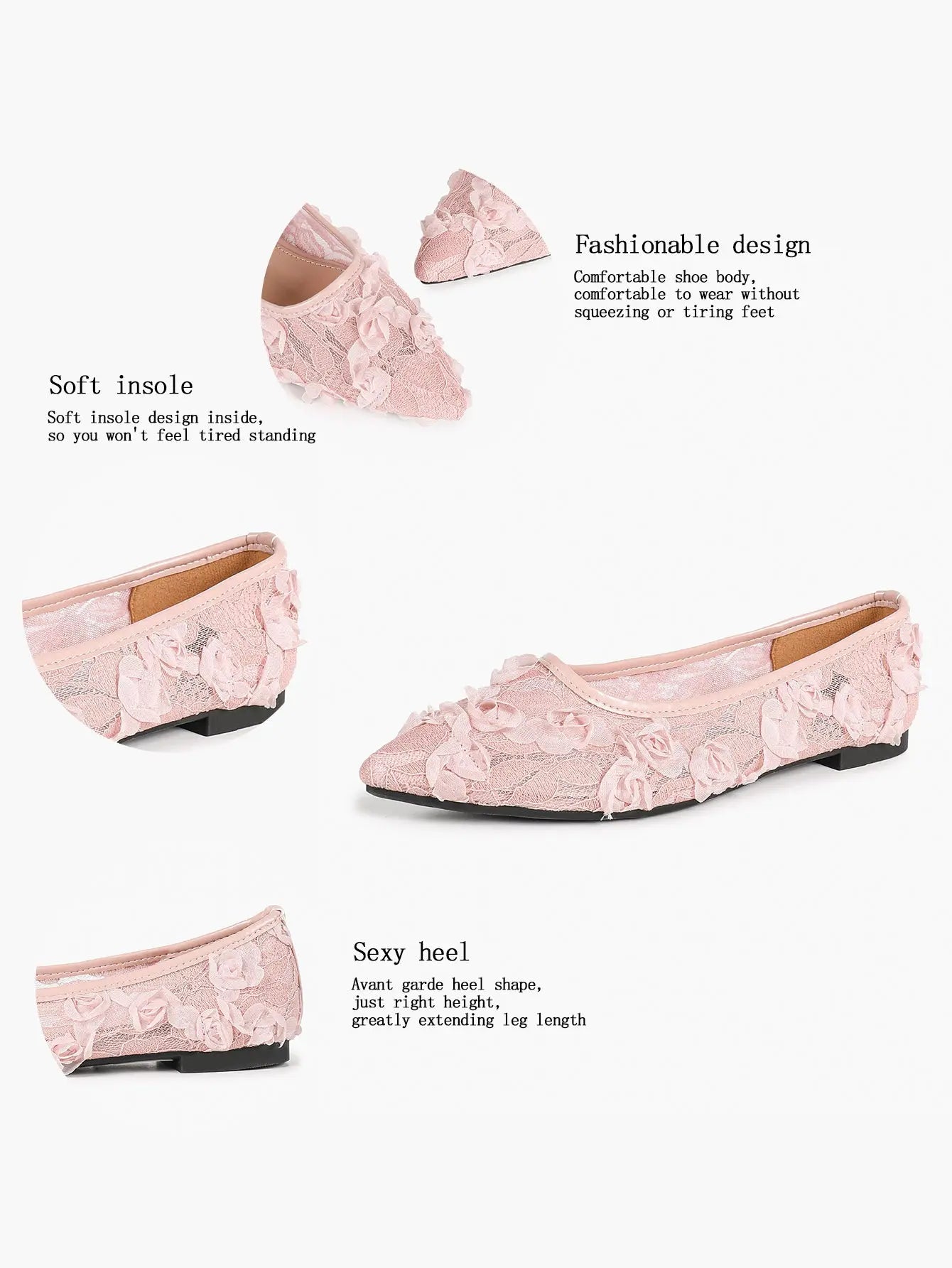 Pink 3D Rose Appliqué Lace Mesh Pointed Toe Flats – Women's Handcrafted Floral Ballet Flat YISHIFAN