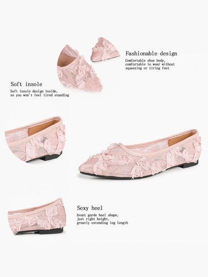 Pink 3D Rose Appliqué Lace Mesh Pointed Toe Flats – Women's Handcrafted Floral Ballet Flat YISHIFAN