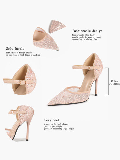 Sparkly Lace Pointed Toe Heels - 4.13" Ankle Strap Pumps with Non-Slip Sole