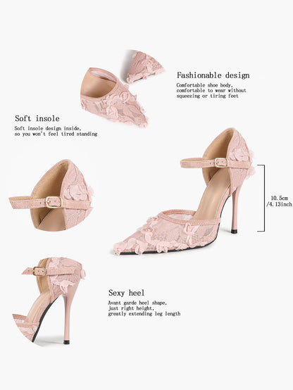 Chic White 3D Lace Stiletto Pumps - Pointed Toe Ankle Strap Heels with Floral Appliqué