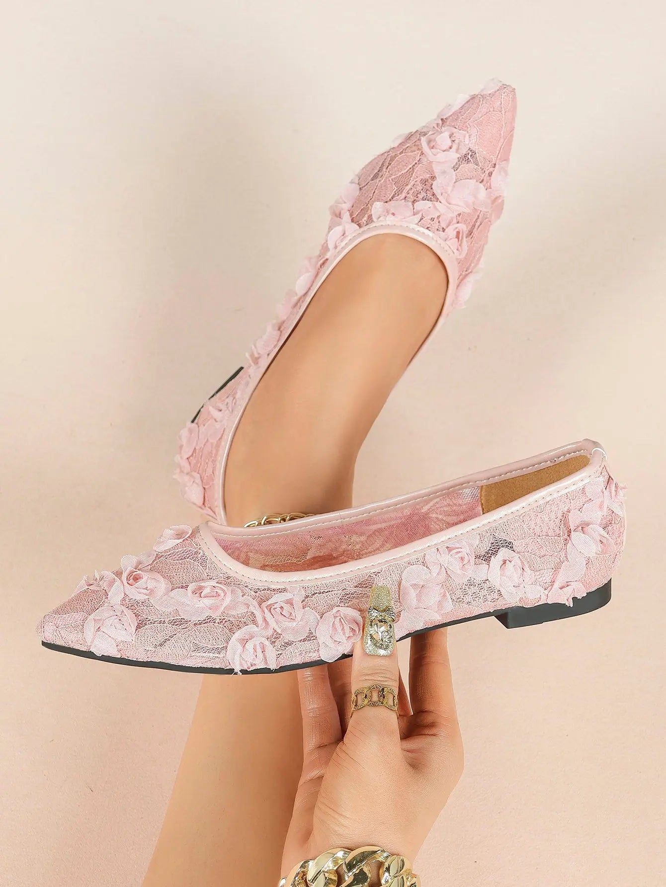 Pink 3D Rose Appliqué Lace Mesh Pointed Toe Flats – Women's Handcrafted Floral Ballet Flat YISHIFAN