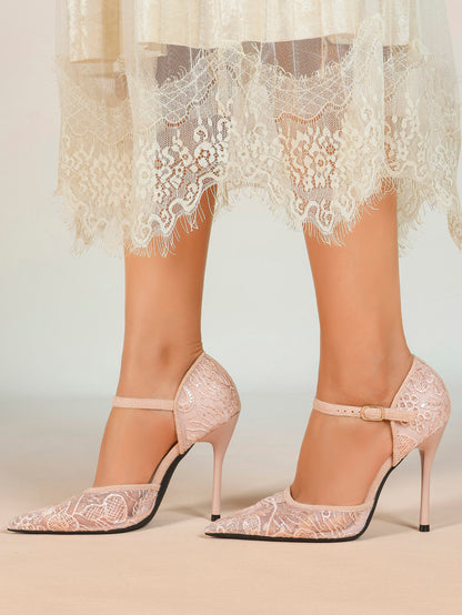 Sparkly Lace Pointed Toe Heels - 4.13" Ankle Strap Pumps with Non-Slip Sole