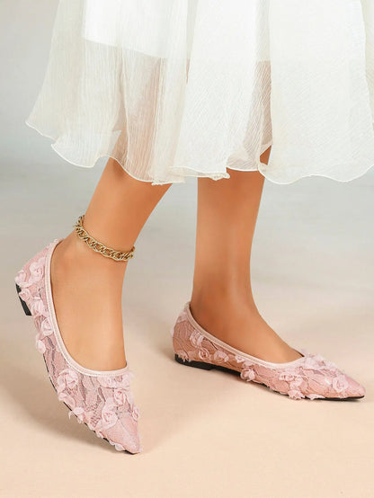 Pink 3D Rose Appliqué Lace Mesh Pointed Toe Flats – Women's Handcrafted Floral Ballet Flat YISHIFAN