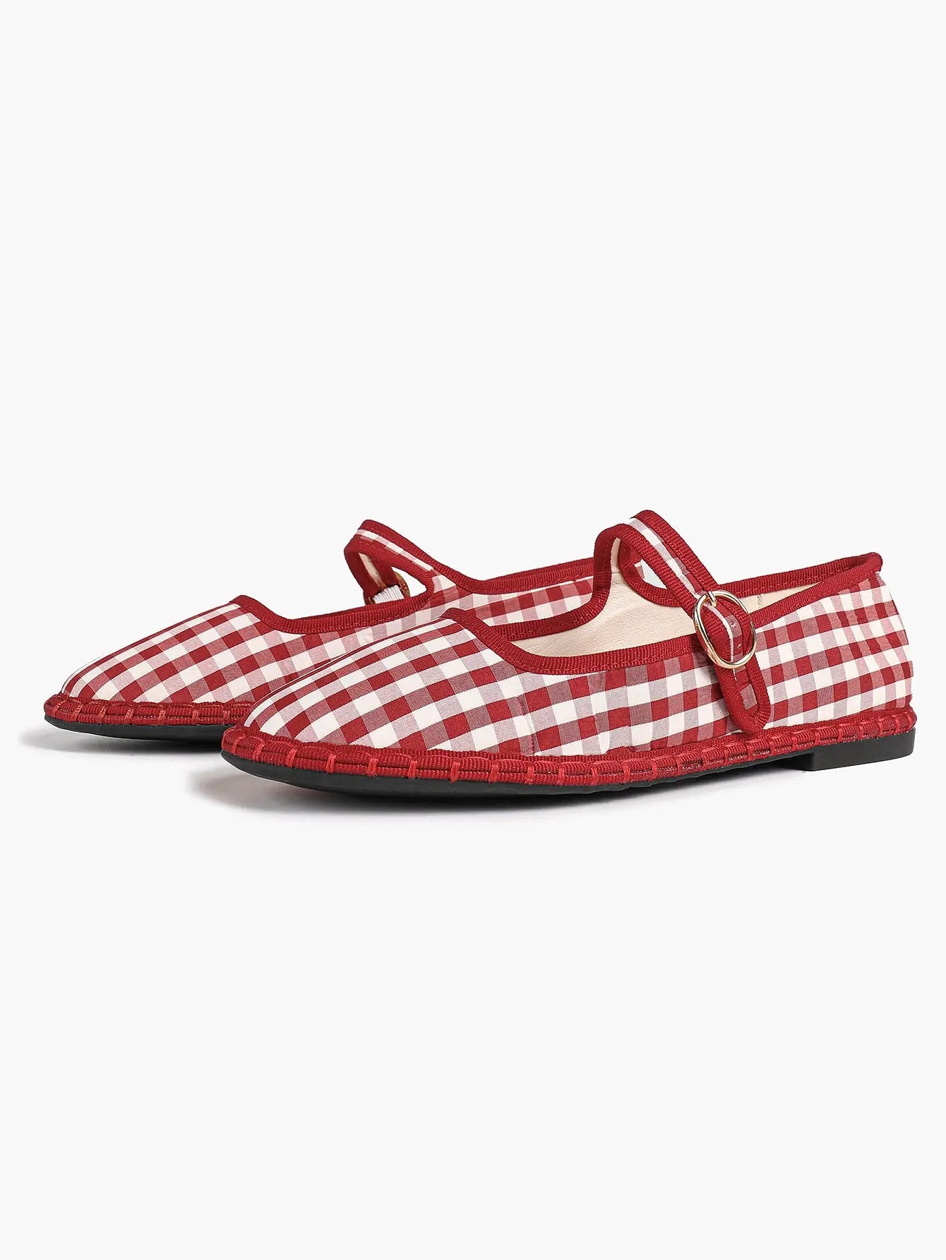 Black-White Grid Mary Jane Flats: Red Accents, Avant-Garde Heel & All-Day Retro Charm YISHIFAN