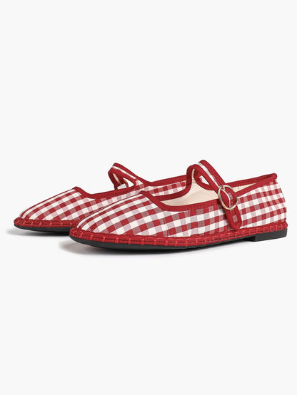 Black-White Grid Mary Jane Flats: Red Accents, Avant-Garde Heel & All-Day Retro Charm YISHIFAN