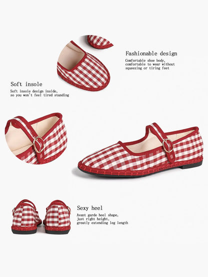 Black-White Grid Mary Jane Flats: Red Accents, Avant-Garde Heel & All-Day Retro Charm YISHIFAN