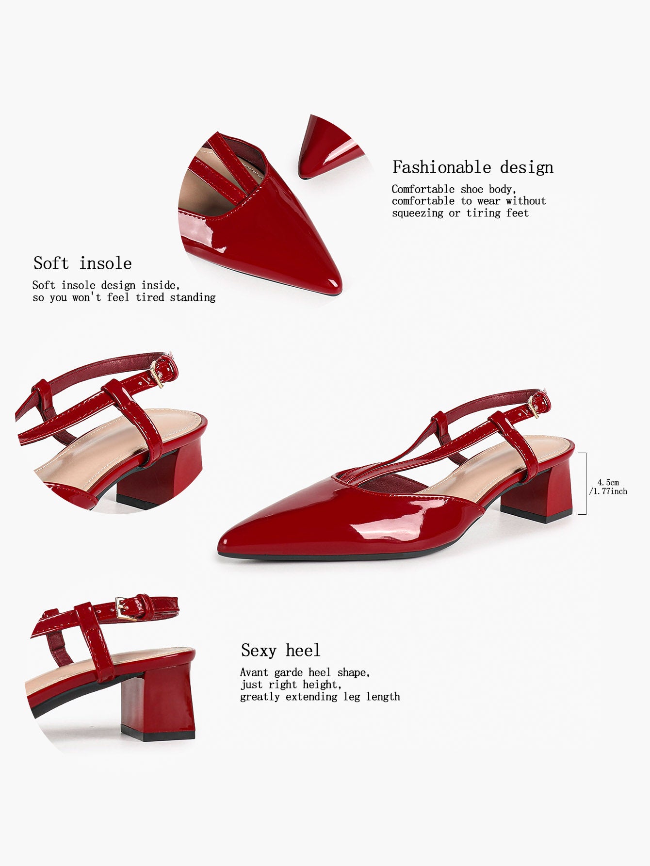 Red Patent Double-Strap Slingback Pumps with Comfortable Block Heel