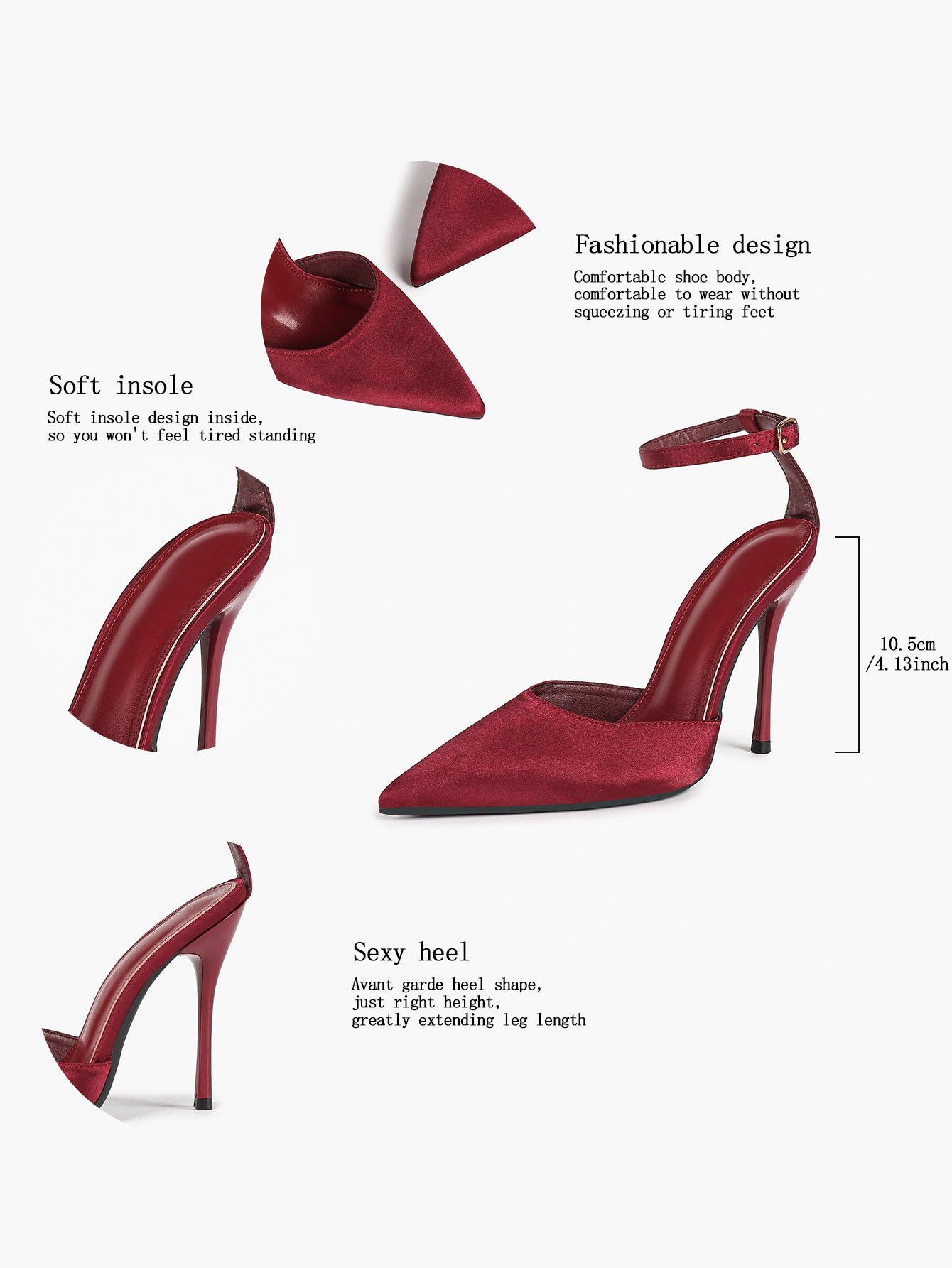 Women's Burgundy Velvet Pointed Toe Slingback Stilettos Ankle Buckle Strap-Free Upper Heels Chic Daily Wear Shoes