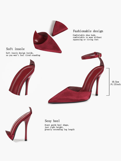 Women's Burgundy Velvet Pointed Toe Slingback Stilettos Ankle Buckle Strap-Free Upper Heels Chic Daily Wear Shoes