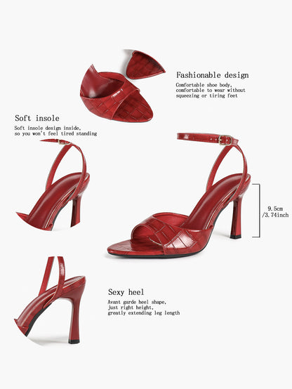 Brick Red Croc Embossed Patent Stiletto Sandals Pointed Open Toe Ankle Buckle Curved Band Office Shoes