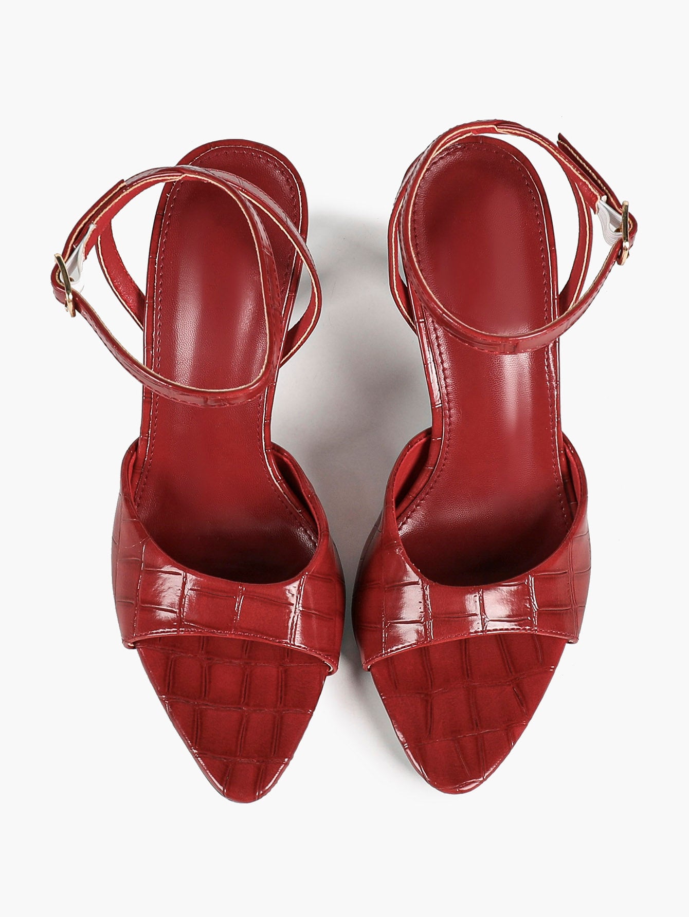Brick Red Croc Embossed Patent Stiletto Sandals Pointed Open Toe Ankle Buckle Curved Band Office Shoes