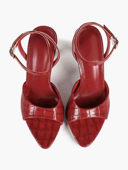 Brick Red Croc Embossed Patent Stiletto Sandals Pointed Open Toe Ankle Buckle Curved Band Office Shoes