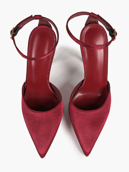 Women's Burgundy Velvet Pointed Toe Slingback Stilettos Ankle Buckle Strap-Free Upper Heels Chic Daily Wear Shoes