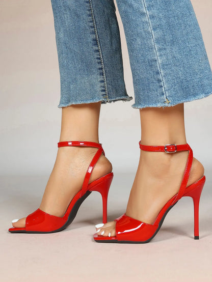 Women's Stiletto Heels 4.13 Inch Square Toe Ankle Strap Sandals Wedding Party Office Dress Shoes YISHIFAN