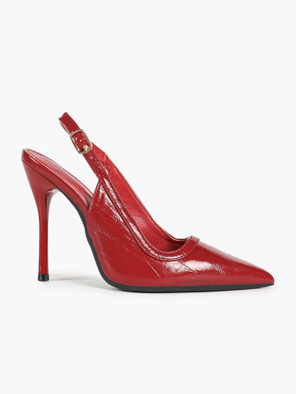 Women's Red Patent Croc Print Pointed Toe Slingback Stilettos Ankle Strap Closed Toe Heels Chic Date Night Shoes