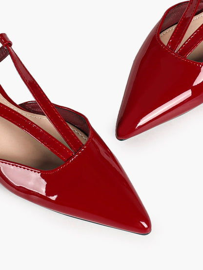 Red Patent Double-Strap Slingback Pumps with Comfortable Block Heel