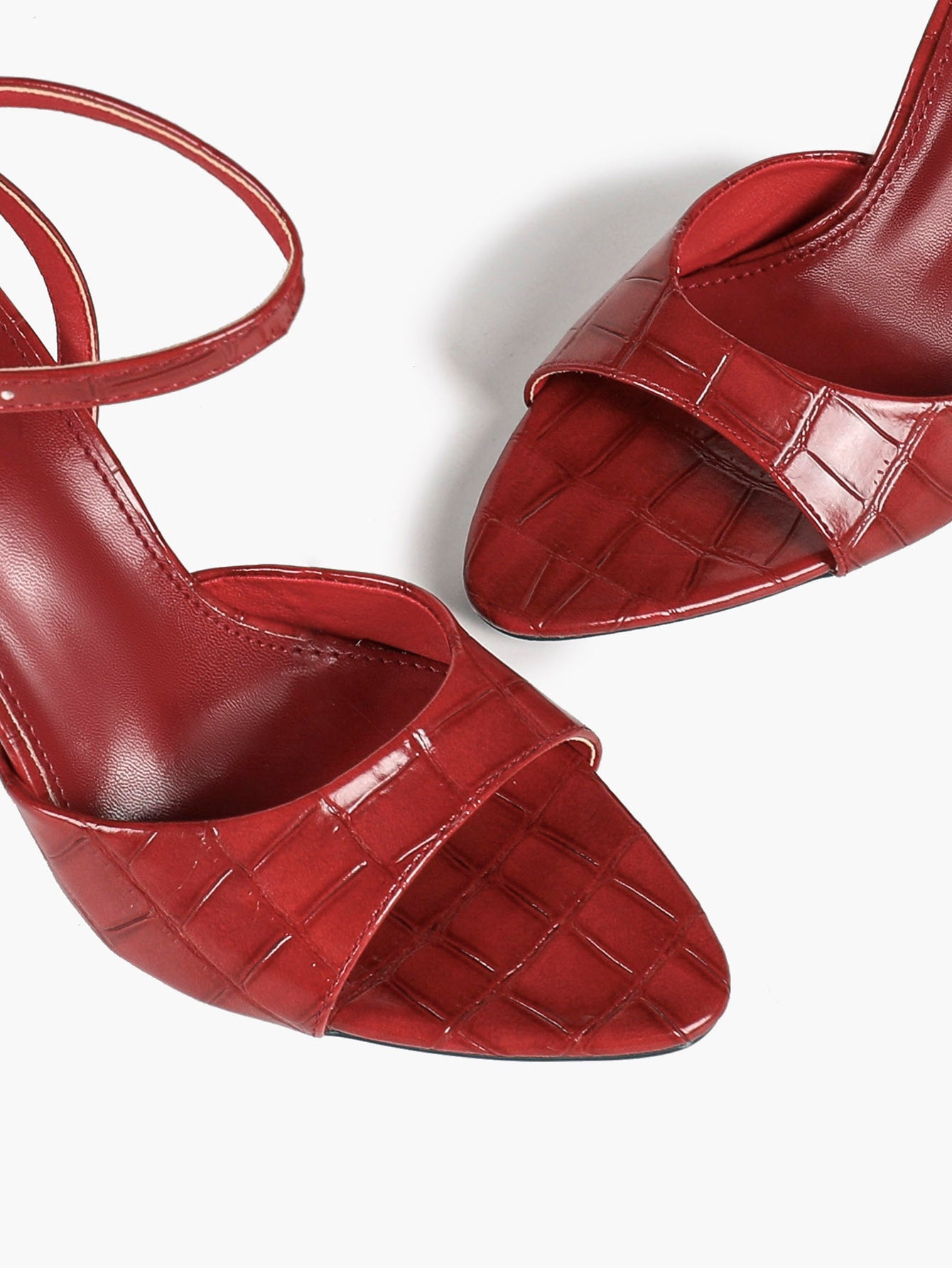 Brick Red Croc Embossed Patent Stiletto Sandals Pointed Open Toe Ankle Buckle Curved Band Office Shoes