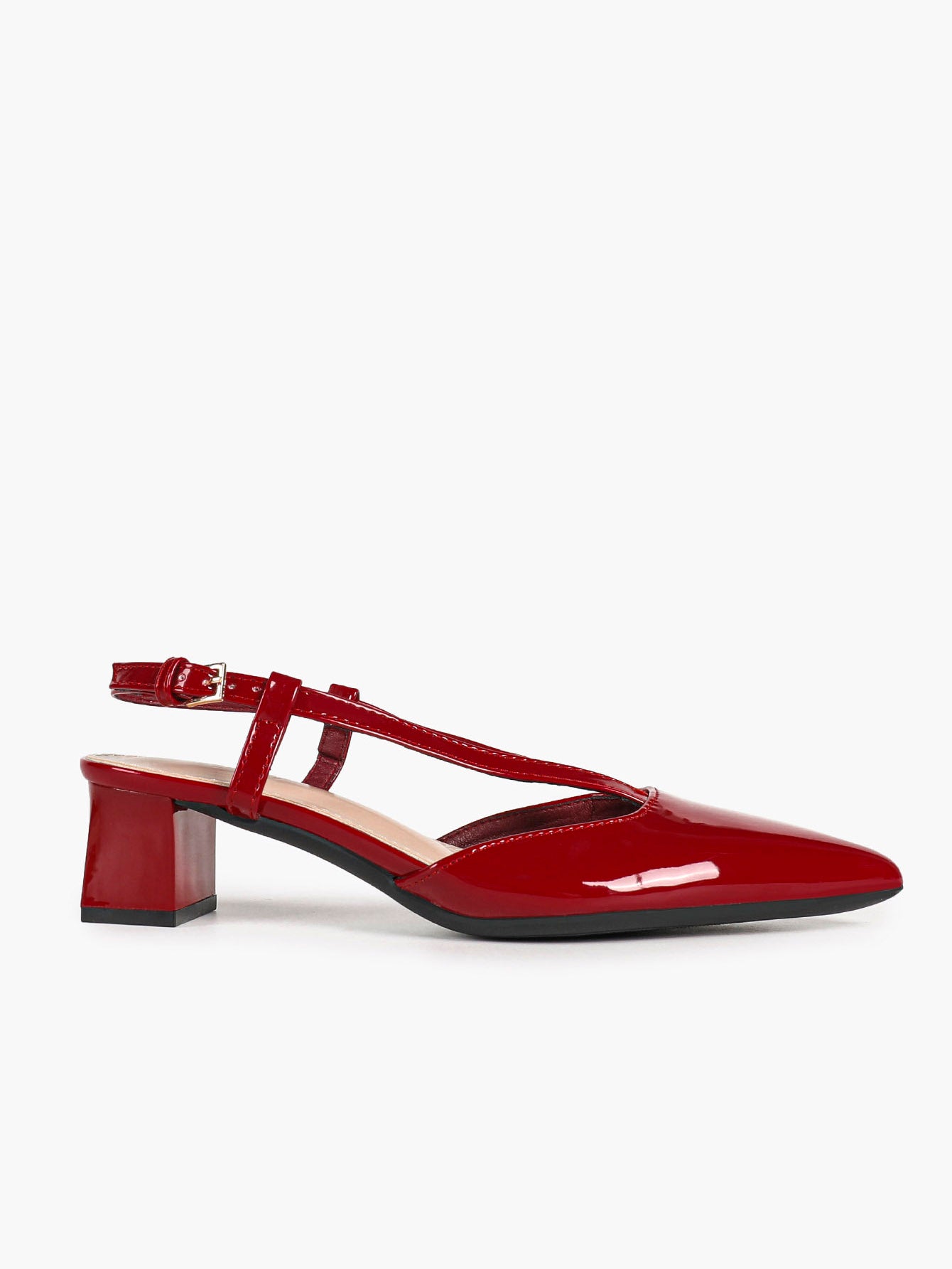 Red Patent Double-Strap Slingback Pumps with Comfortable Block Heel