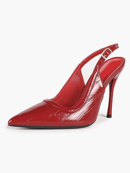 Women's Red Patent Croc Print Pointed Toe Slingback Stilettos Ankle Strap Closed Toe Heels Chic Date Night Shoes