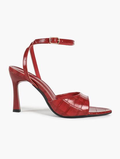 Brick Red Croc Embossed Patent Stiletto Sandals Pointed Open Toe Ankle Buckle Curved Band Office Shoes
