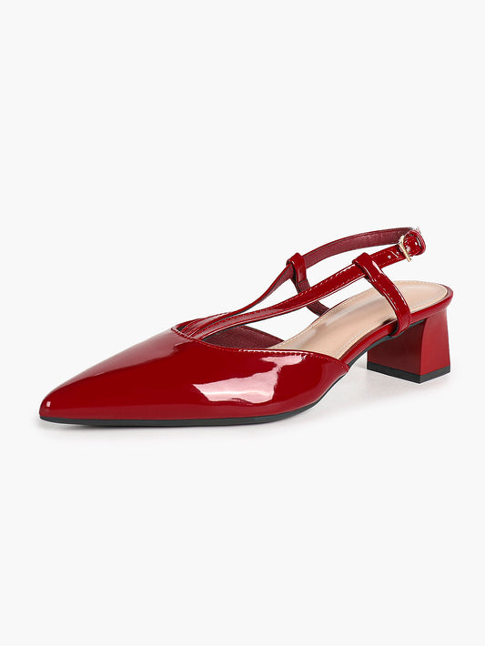 Red Patent Double-Strap Slingback Pumps with Comfortable Block Heel