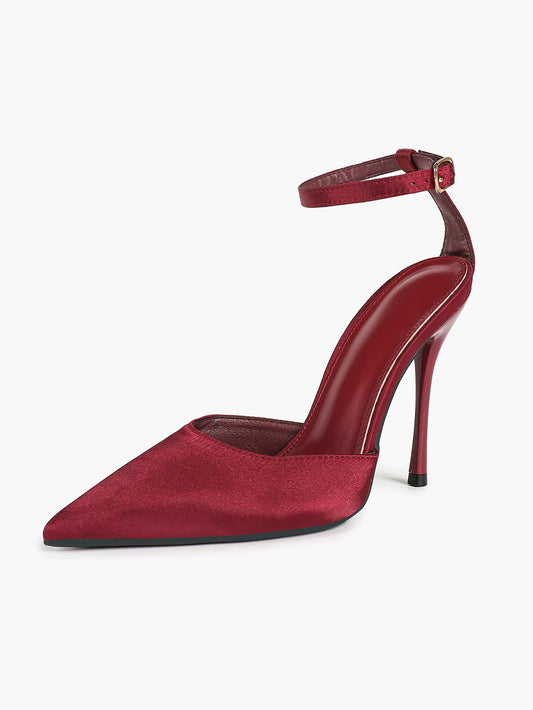 Women's Burgundy Velvet Pointed Toe Slingback Stilettos Ankle Buckle Strap-Free Upper Heels Chic Daily Wear Shoes