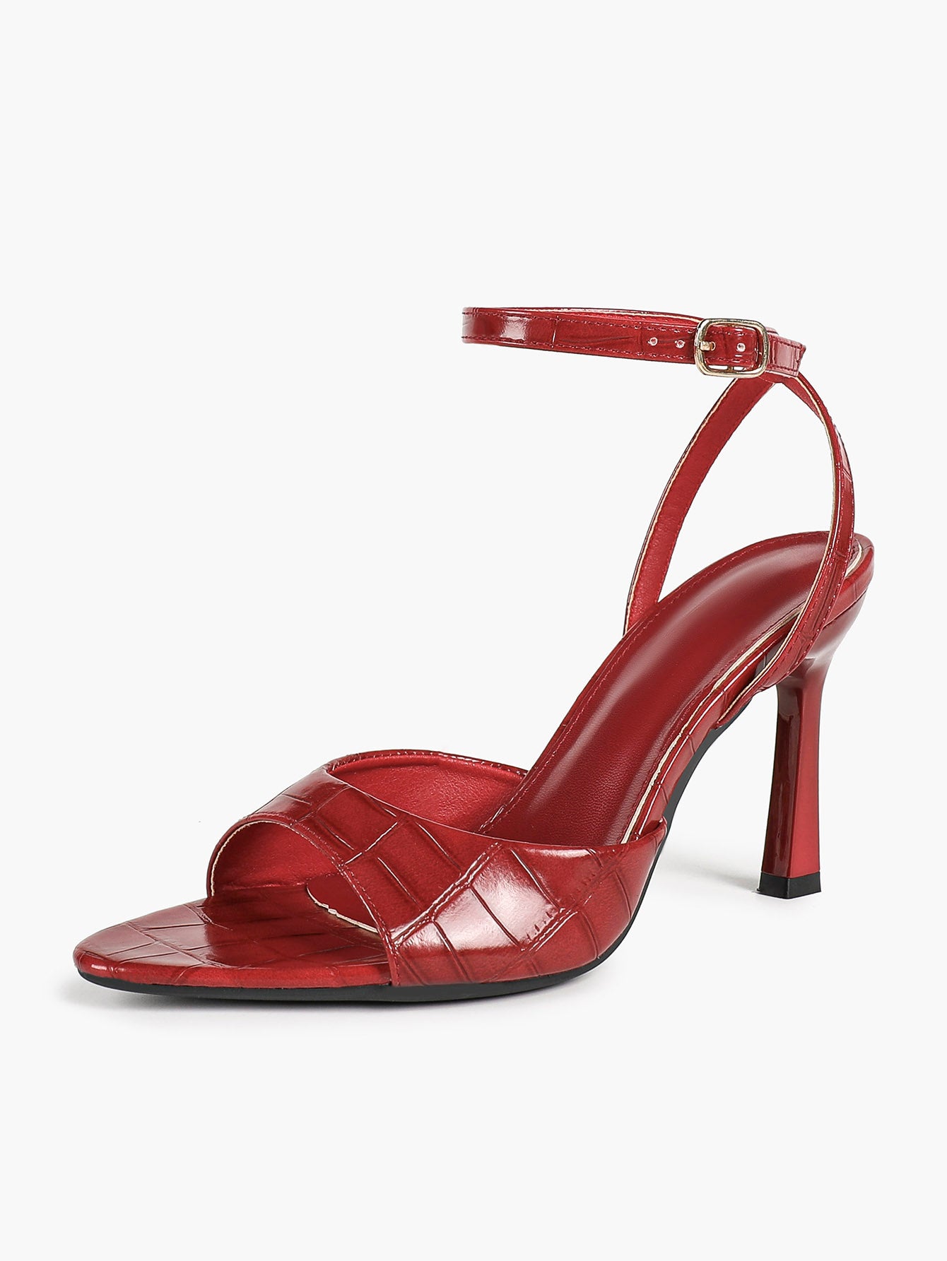 Brick Red Croc Embossed Patent Stiletto Sandals Pointed Open Toe Ankle Buckle Curved Band Office Shoes