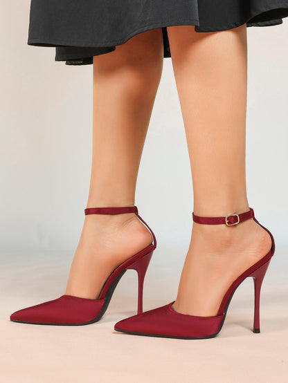 Women's Burgundy Velvet Pointed Toe Slingback Stilettos Ankle Buckle Strap-Free Upper Heels Chic Daily Wear Shoes