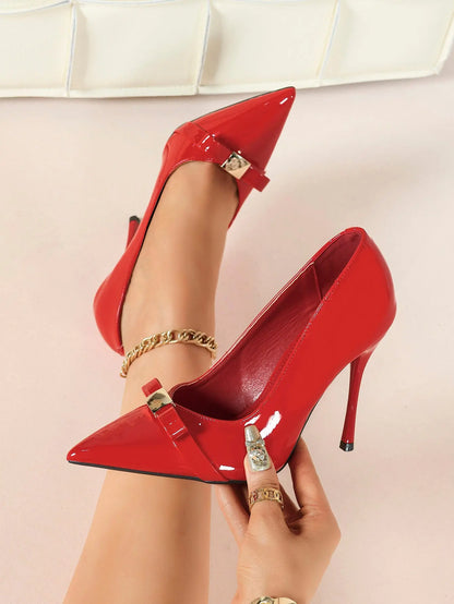 Red Pointed Toe Stiletto Pumps 10.5CM Bow Dress High Heels Slip On Shoes YISHIFAN