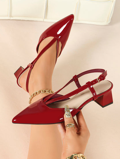 Red Patent Double-Strap Slingback Pumps with Comfortable Block Heel