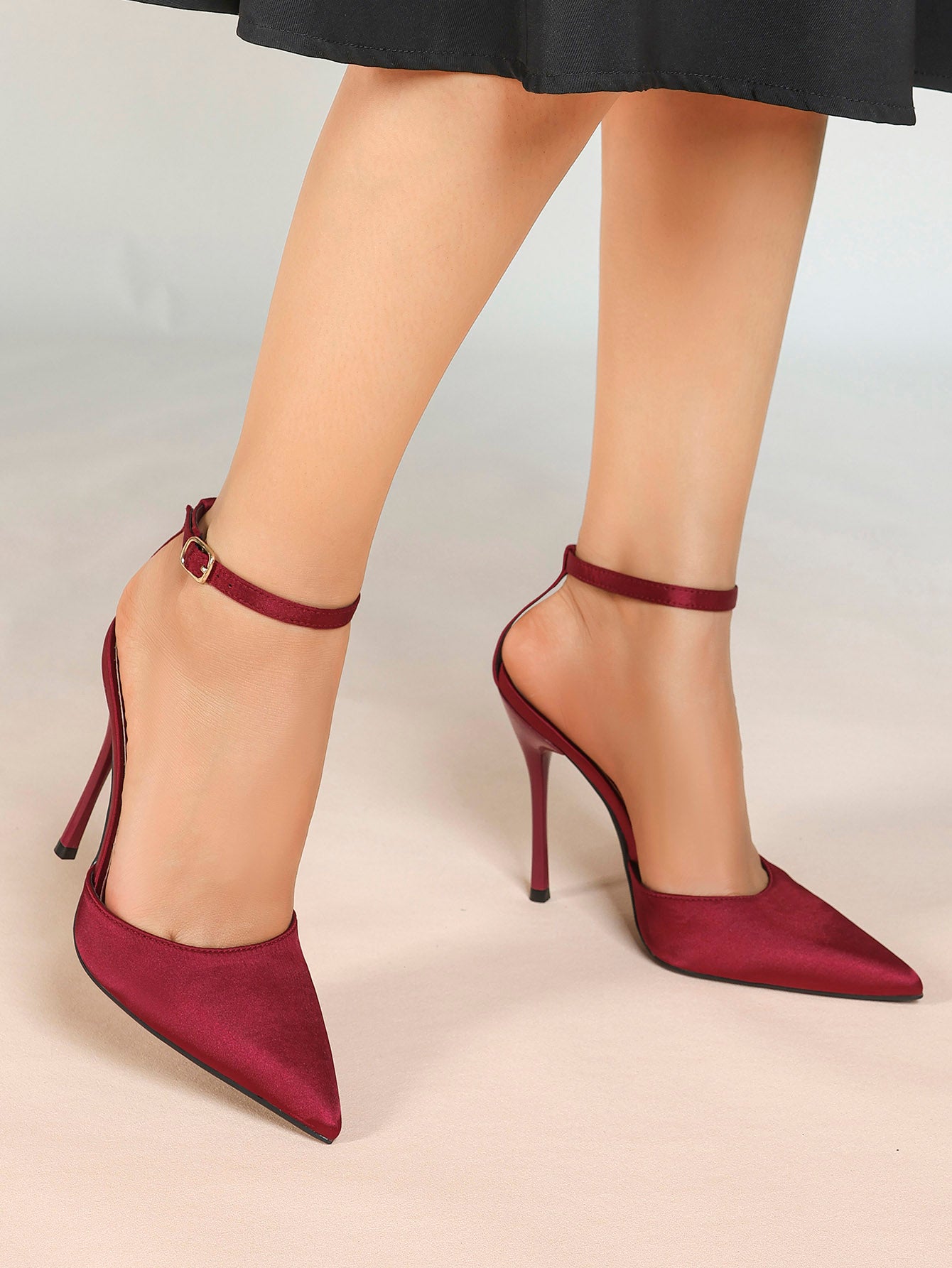 Women's Burgundy Velvet Pointed Toe Slingback Stilettos Ankle Buckle Strap-Free Upper Heels Chic Daily Wear Shoes