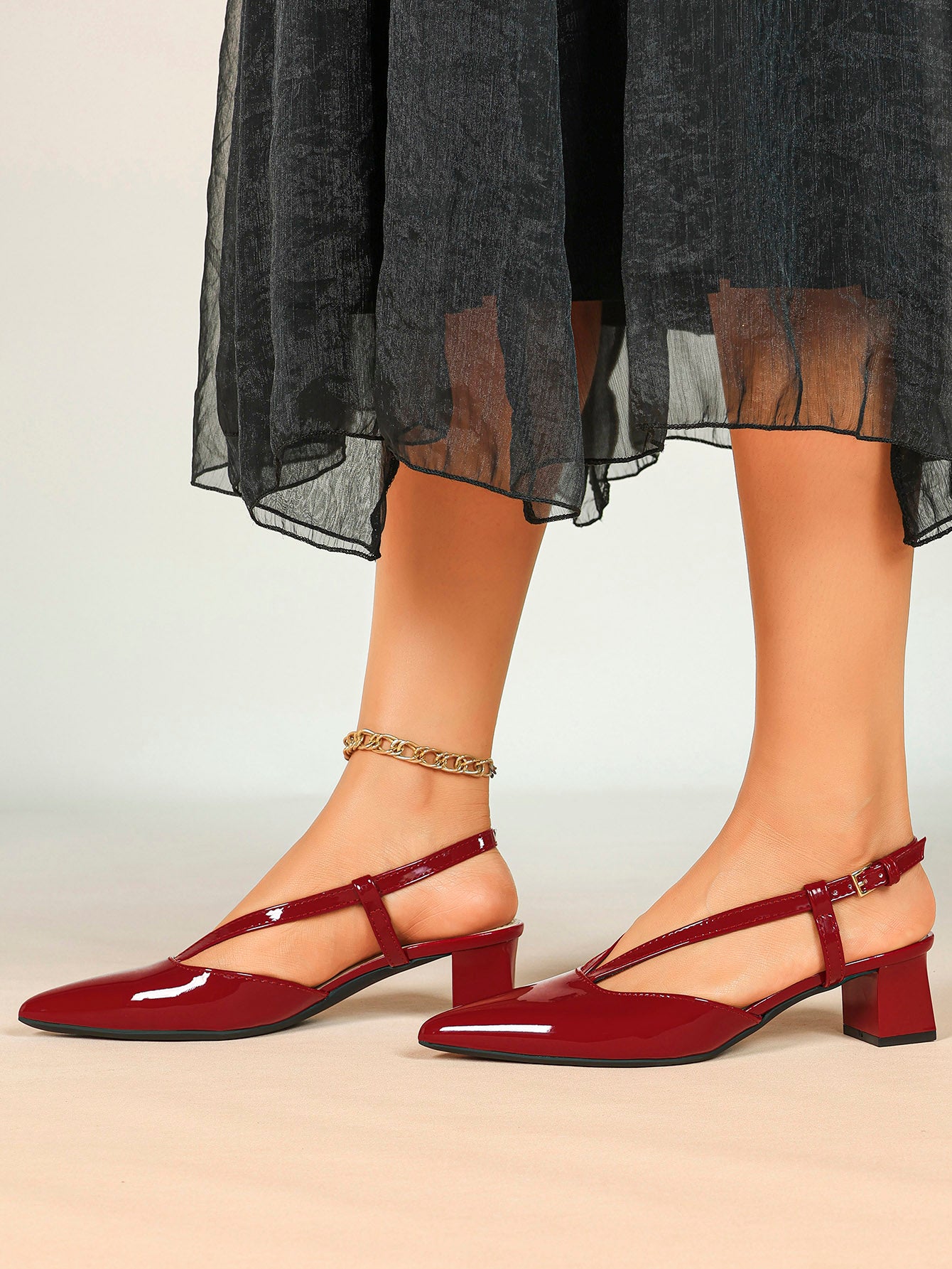 Red Patent Double-Strap Slingback Pumps with Comfortable Block Heel