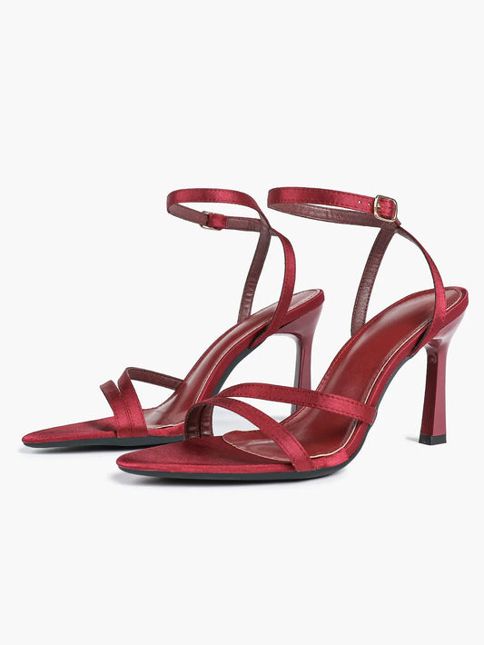 Women's Red Satin High-Heel Sandals Pointed Toe Strap Stiletto Heels for Wedding Party YISHIFAN